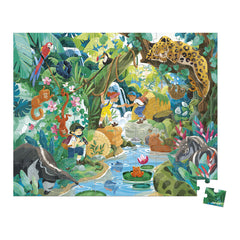 Bunter Dschungel-Puzzle mit Kindern, Tieren wie Jaguar und Papagei, ideal für nachhaltiges Spielzeug & Basteln