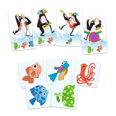 Bunte Kinderkarten mit Pinguinen, Fischen und Oktopus – nachhaltiges Spielzeug für kreatives Spielen