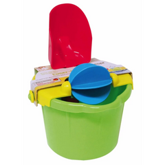 Grüner Spielstabil Eimer mit rotem Schaufelgriff und blauer Mühle aus Kunststoff für Kindersandkasten