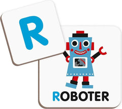 Buchstabe R und Roboter Lernkarte für Kinder, nachhaltiges Spielzeug
