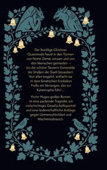 Buchcover mit Illustrationen von Gargoyles, Glocken und einem Blattkranz zu Victor Hugos Roman.
