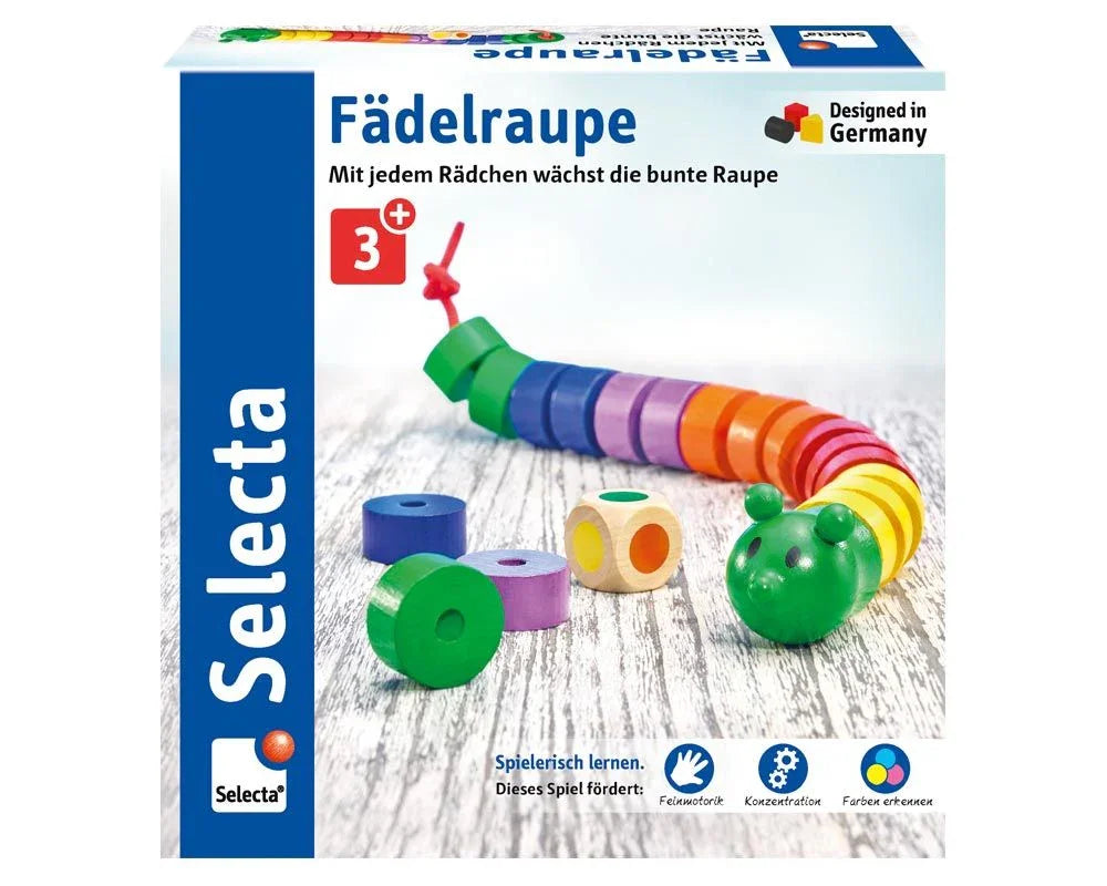 Fädelraupe Würfel- und Fädelspiel aus Holz, 20cm - Selecta