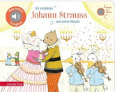 Illustration von tanzenden Tieren und zwei Vögeln mit Violinen in elegantem Ballsaal, Kinderbuchcover Johann Strauss