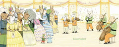 Tierische Figuren in historischen Kleidern bei einem Ball mit Streichorchester, Illustration Kaiserwalzer
