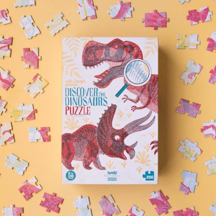 Puzzle 200 Teile - Entdecke Dinosaurier (+Magische Lupe) Londji