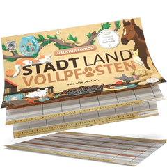 Stadt Land Vollpfosten Spiel für Tierfreunde mit bunten Illustrationen und Punktezähler