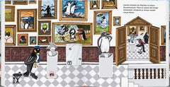 Pinguin-Wächter in Kunstmuseum mit Gemälden und Skulpturen, nachhaltiges Kinderbuchillustration