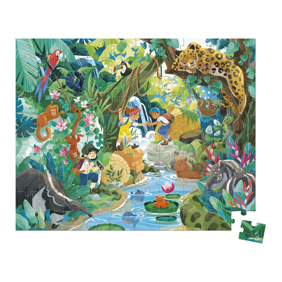 Bunter Dschungel-Puzzle mit Kindern, Tieren wie Jaguar und Papagei, ideal für nachhaltiges Spielzeug & Basteln