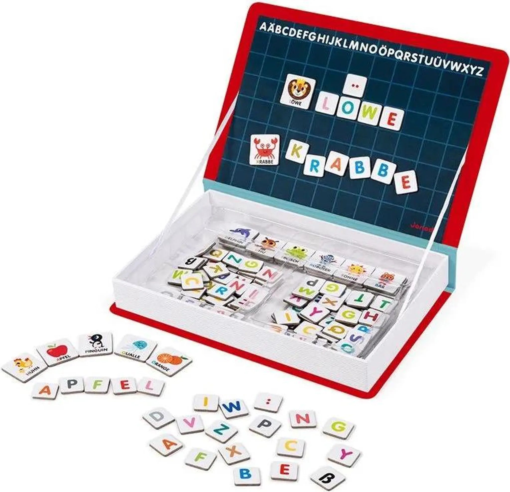 Buchstaben-Spielzeug mit Tierbildern und Worten wie 'LÖWE', 'KRABBE', 'APFEL' für kindliche Sprachförderung