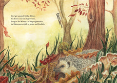 Illustration eines Igels, der in einem Blätternest im Wald schläft.