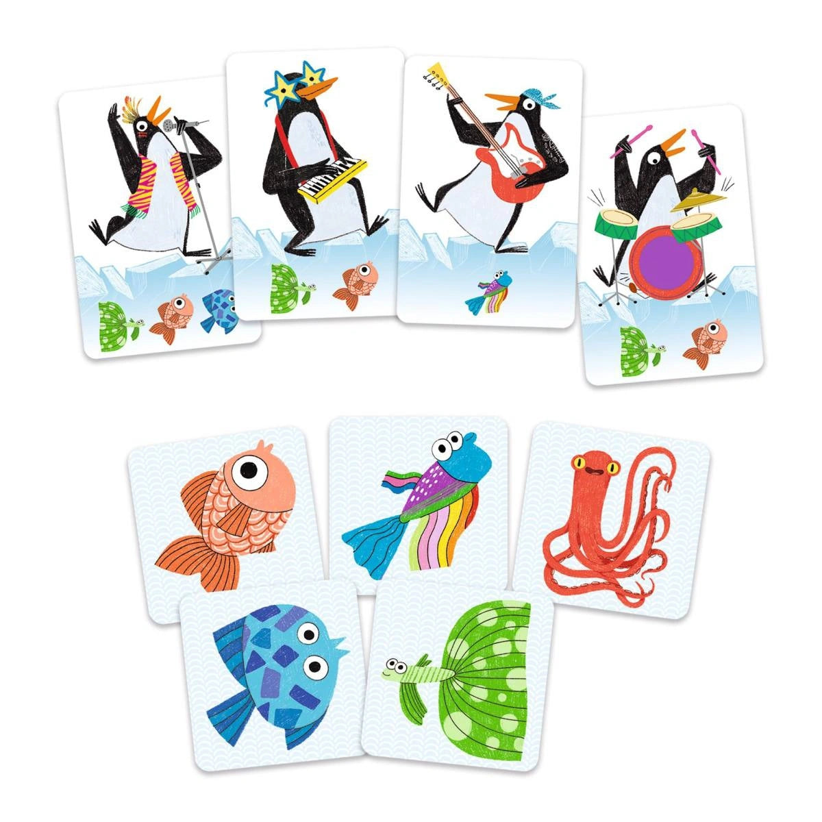Bunte Kinderkarten mit Pinguinen, Fischen und Oktopus – nachhaltiges Spielzeug für kreatives Spielen