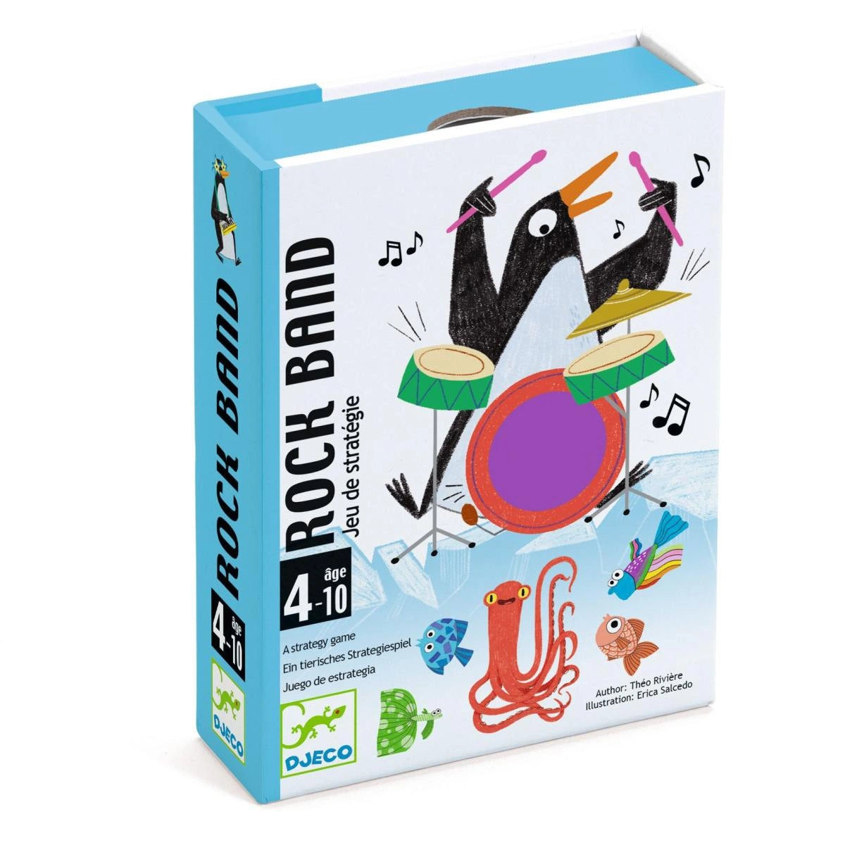 Rock Band Strategiespiel für Kinder ab 4 Jahren, bunt illustriert mit Pinguin und Musikinstrumenten