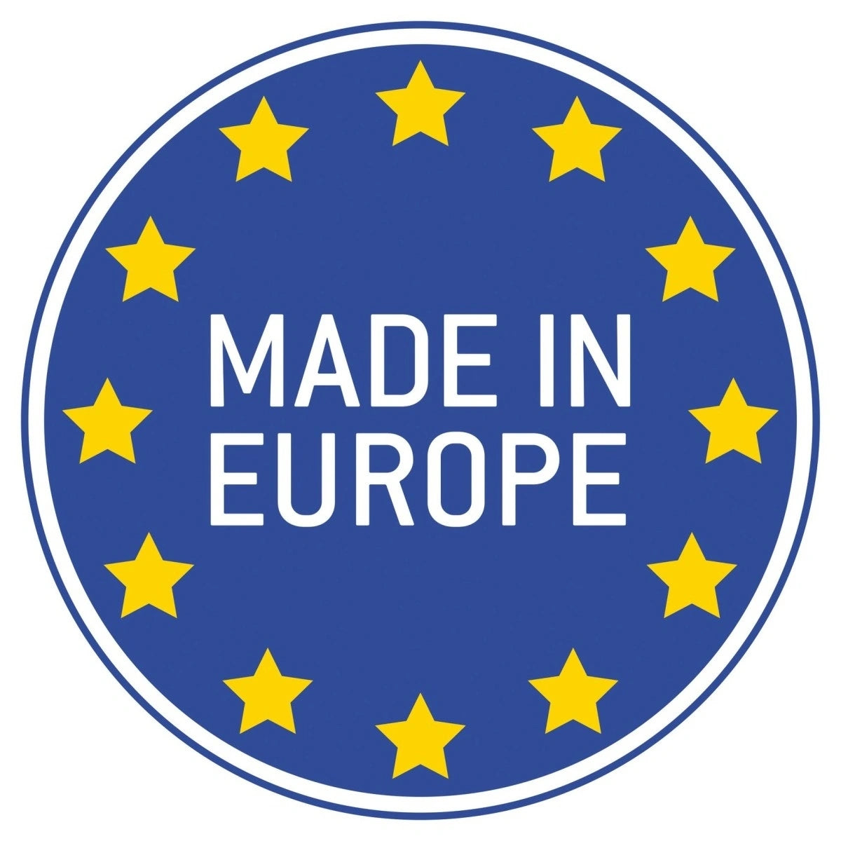 Made in Europe-Siegel mit blauem Hintergrund und gelben Sternen