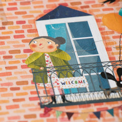 Bunte Kinderpuzzle mit Mädchen auf Balkon, nachhaltiges Spielzeug für kreatives Basteln und Spielen