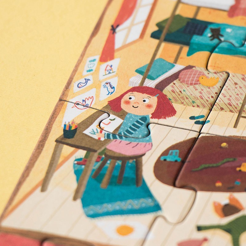 Bunte Holzpuzzle mit Mädchen beim Zeichnen, ideal für kreatives Spielen und Lernen