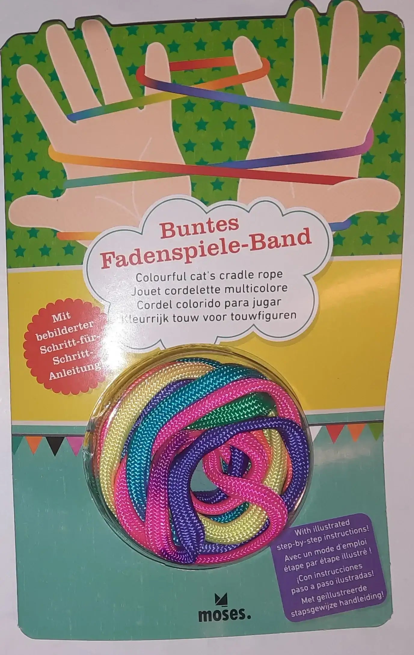 Buntes Fadenspiele-Band mit mehrfarbigem Seil und Anleitung für Fingerspiele