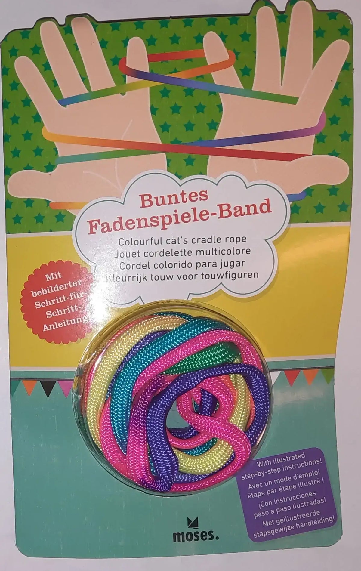 Buntes Fadenspiele-Band mit mehrfarbigem Seil und Anleitung für Fingerspiele