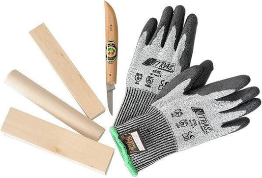 Schnitzset - Messer, Handschuhe und Schnitzholz Corvus