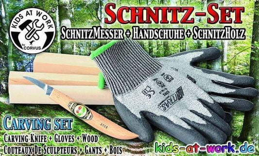 Schnitzset - Messer, Handschuhe und Schnitzholz Corvus