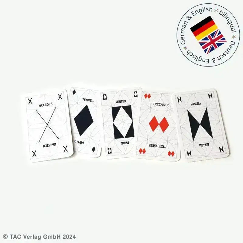 Bilinguale Spielkarten Deutsch-Englisch mit abstrakten Symbolen und Schrift auf weißem Hintergrund
