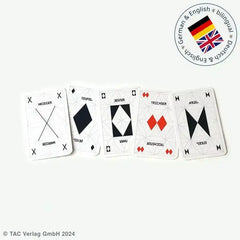 Bilinguale Spielkarten Deutsch-Englisch mit abstrakten Symbolen und Schrift auf weißem Hintergrund