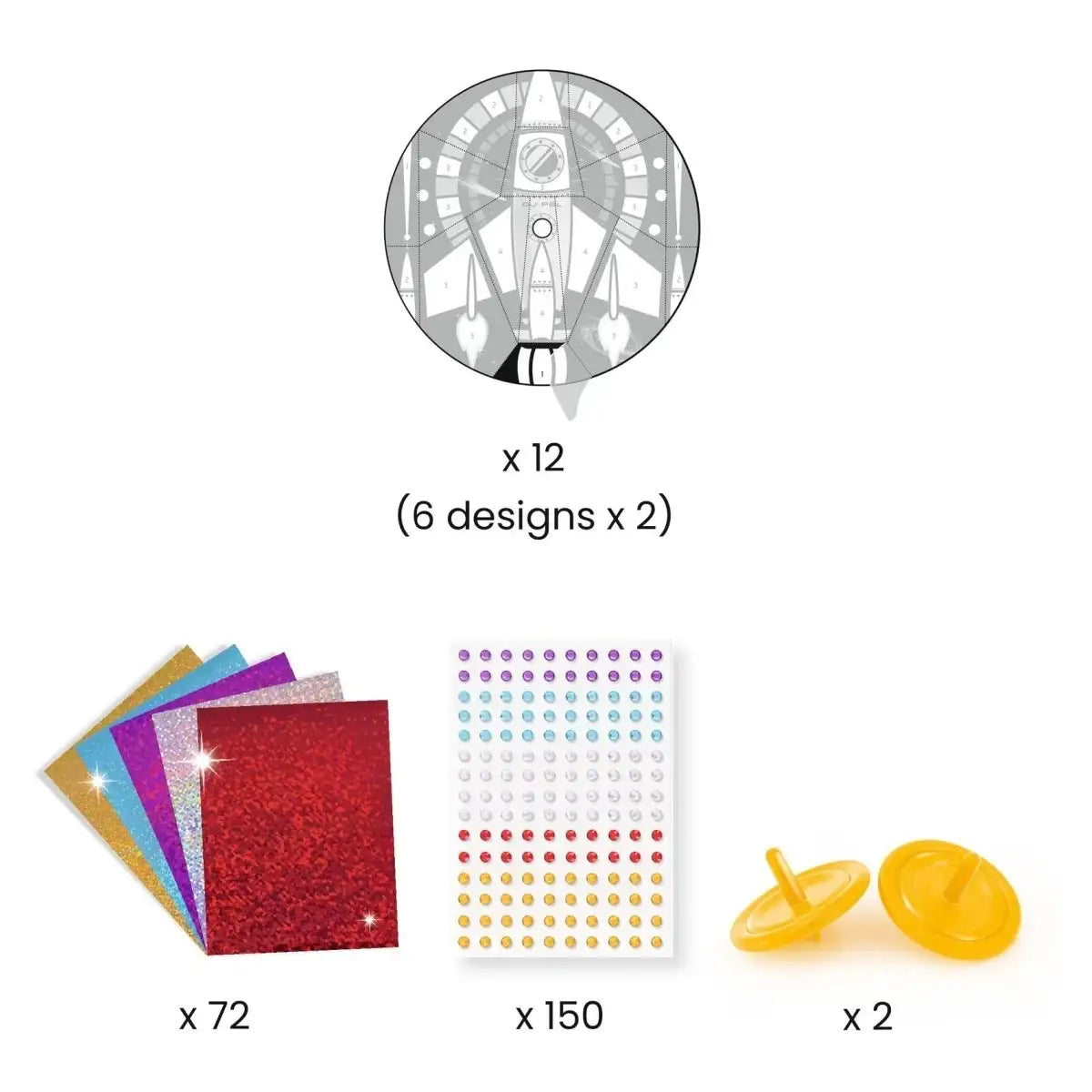 Bastelset mit Raketen-Malvorlage, Glitzerpapier, Perlen und Kreiseln für kreatives Kinderbasteln