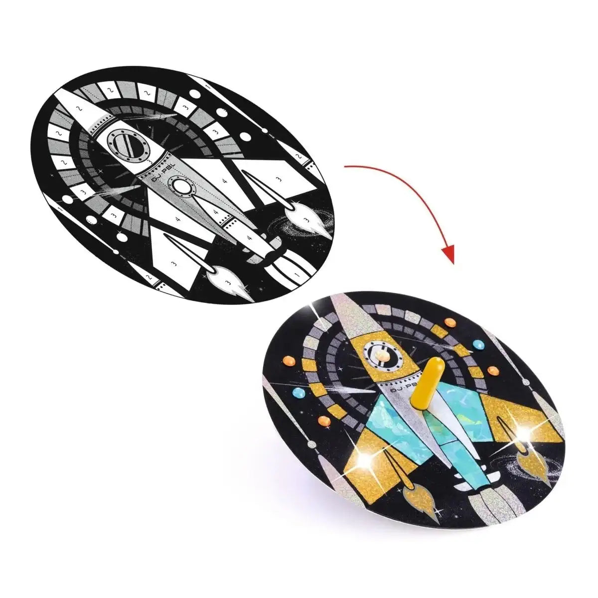 Bastelset mit Rakete: Schwarz-Weiß-Vorlage wird farbig mit Glitzer – kreatives Kinderspielzeug