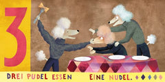 Drei Pudel essen eine Nudel