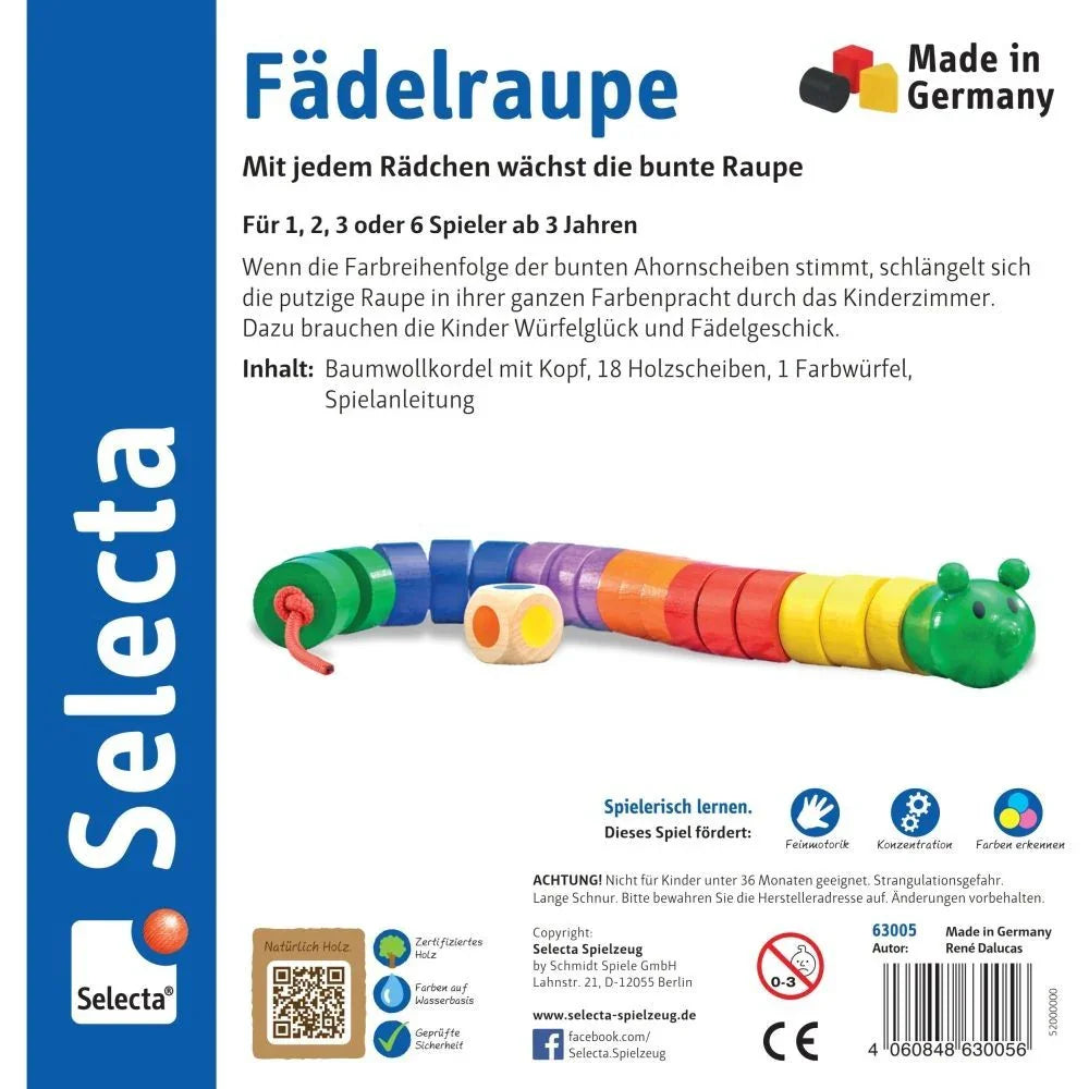 Fädelraupe Würfel- und Fädelspiel aus Holz, 20cm - Selecta