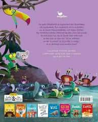 Bunt illustriertes Kinderbuch-Cover mit Schildkröten, Krebsen, Vogel und Affe am Strand bei kunstundspiel.