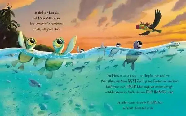 Illustration mit fröhlichen Schildkröten im Meer bei Sonnenuntergang, Kinderbuchstil, kunstundspiel München