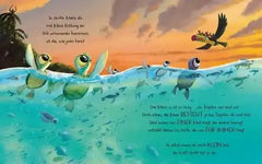 Illustration mit fröhlichen Schildkröten im Meer bei Sonnenuntergang, Kinderbuchstil, kunstundspiel München