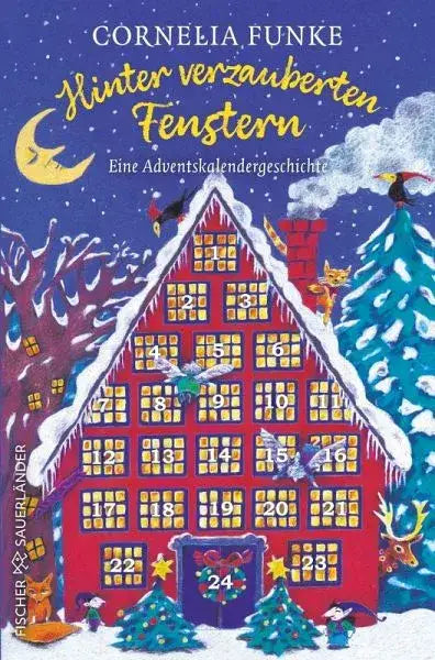 Buntes Adventskalender-Buchcover mit rotem Haus und Schneedecke, Titel von Cornelia Funke, winterliche Illustration
