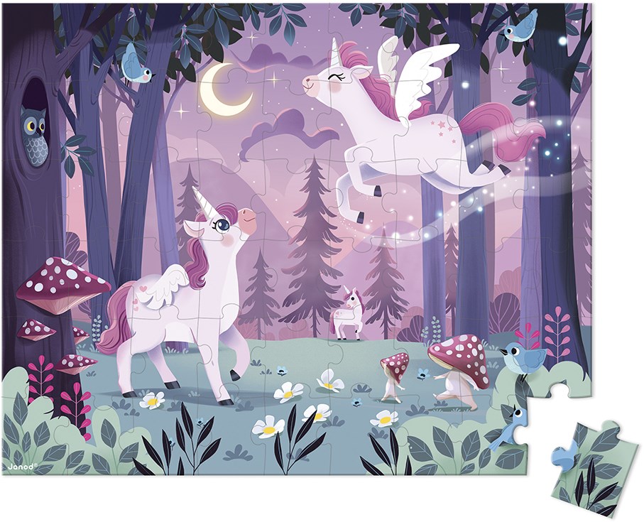 Magisches Einhorn-Puzzle mit Waldszene, Mond und Pilzen – nachhaltiges Kinder-Spielzeug