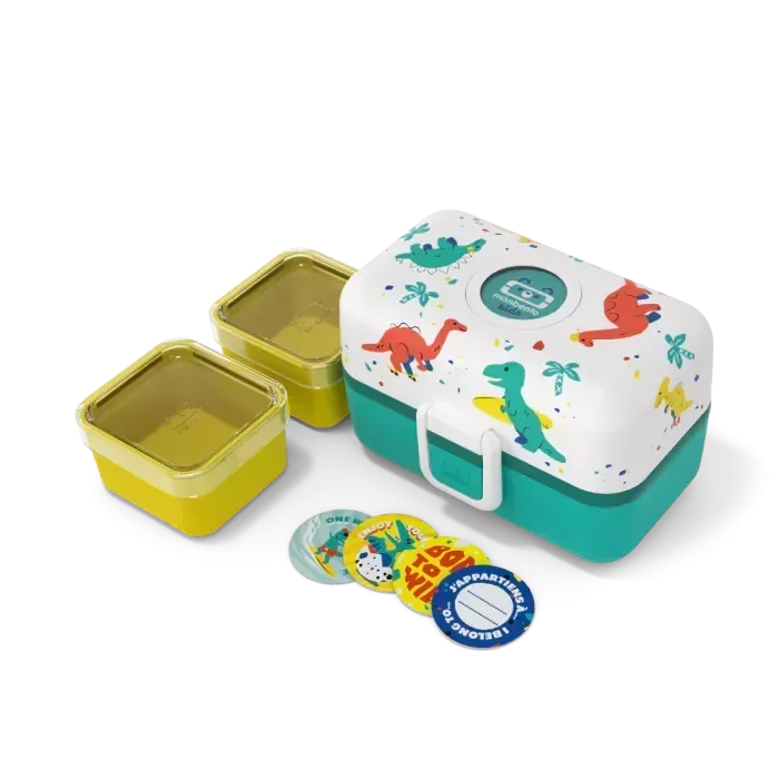 Kinder Lunchbox mit Dino-Motiv, gelbe Behälter und bunte Chips von kunstundspiel