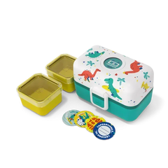 Kinder Lunchbox mit Dino-Motiv, gelbe Behälter und bunte Chips von kunstundspiel