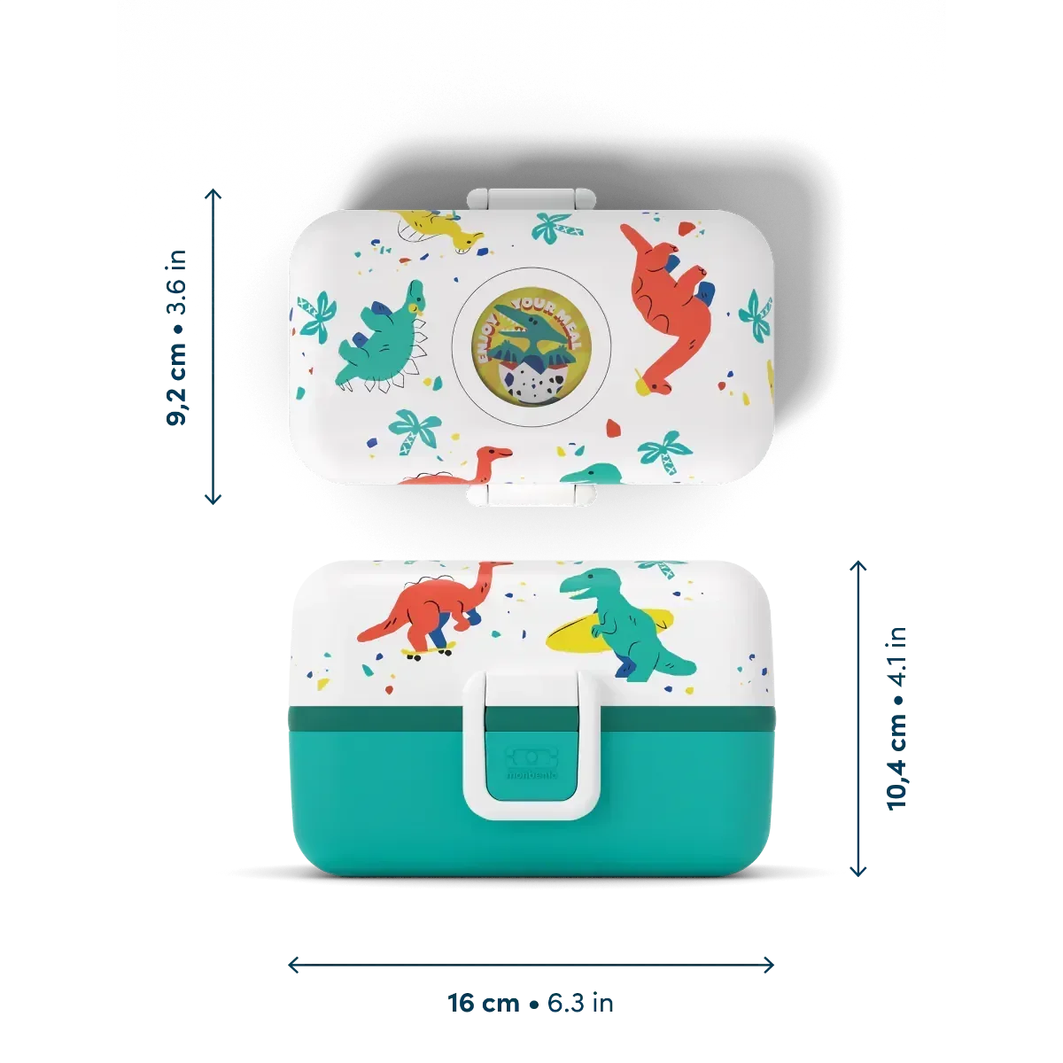 Kinder Brotdose mit Dinosaurier-Motiv, türkis-weiß, Lunchbox kunstundspiel München