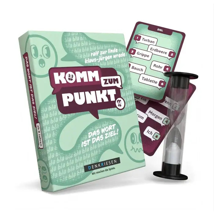 Komm zum Punkt Spiel mit Karten und Sanduhr, nachhaltiges Wortspiel für Kinder