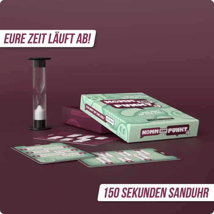 Spiel „Komm zum Punkt“ mit Sanduhr und Karten – spannendes Gesellschaftsspiel für 150 Sekunden Zeitdruck