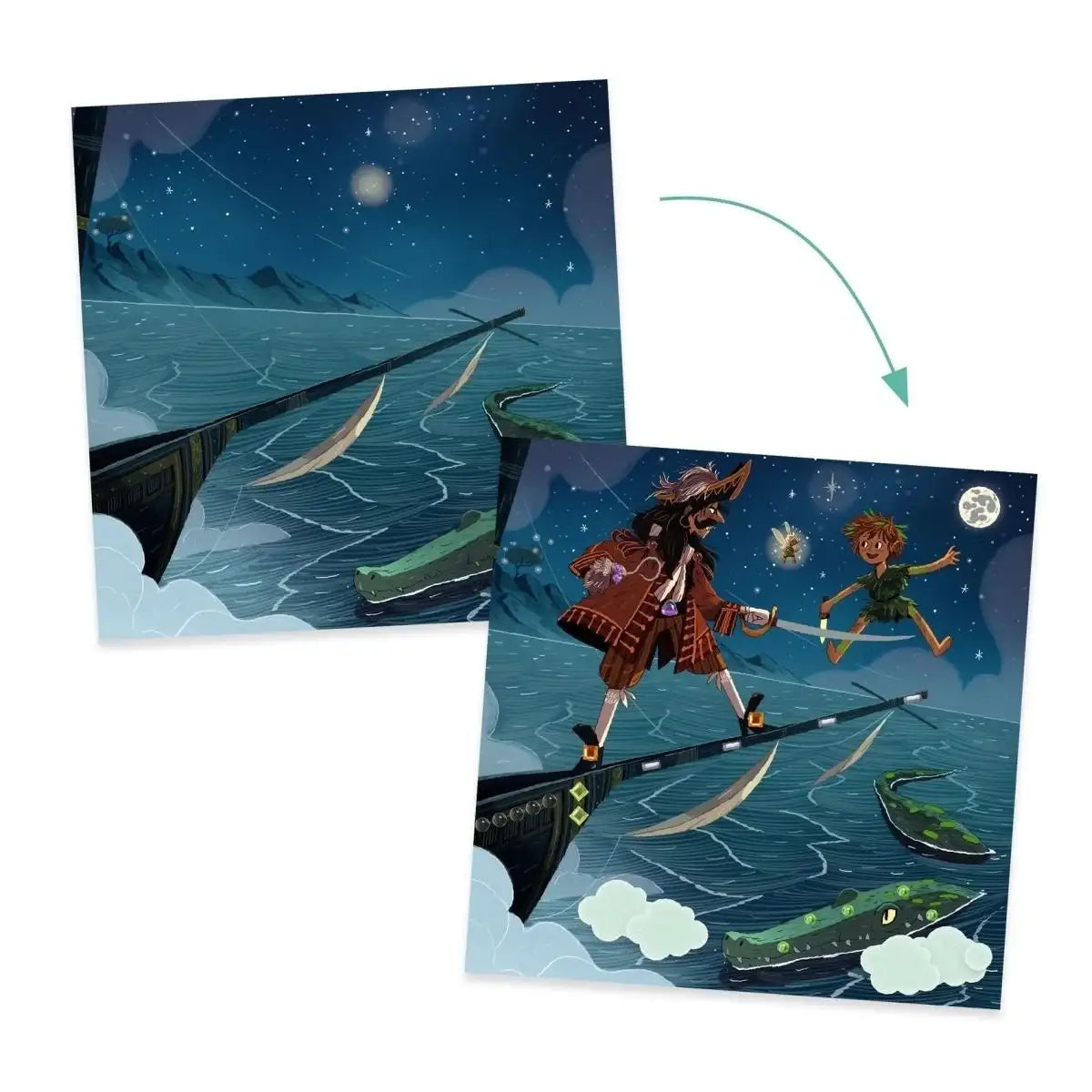 Illustrierte Spielkarten mit Piraten und Abenteurern auf einem Meer unter Sternenhimmel
