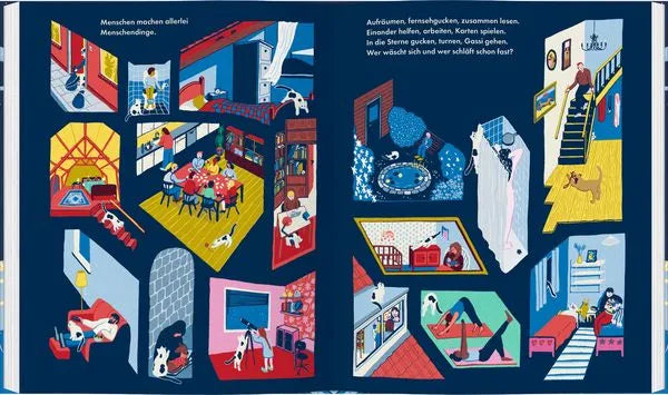 Bunte Illustrationen von Kindern beim Spielen und Basteln in einem Spielzeugladen mit nachhaltigem Spielzeug