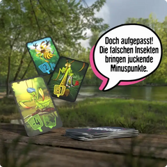 Insektenkarten-Spiel mit farbenfrohen Illustrationen und Minuspunkten für falsche Insekten im Freien