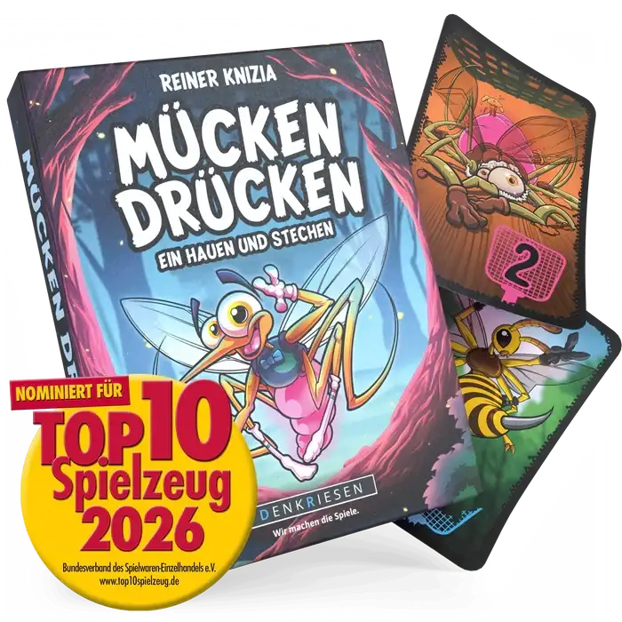 Mücken drücken Spiel von Reiner Knizia, nominiert für Top 10 Spielzeug 2026 – nachhaltiges Familienspiel mit lustigen Insektenkarten
