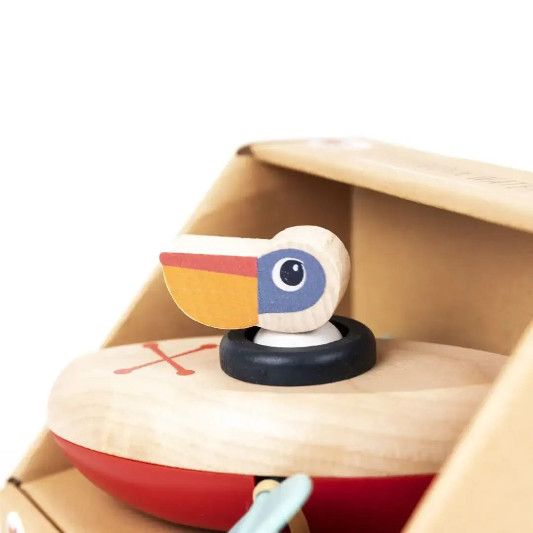 Holzspielzeug Vogel mit buntem Schnabel in Geschenkbox, nachhaltiges Kinderspielzeug