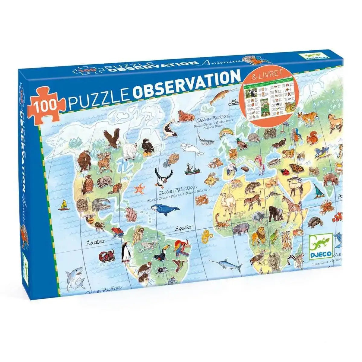 Puzzle 100 Teile - Tiere der Erde + Buch Djeco