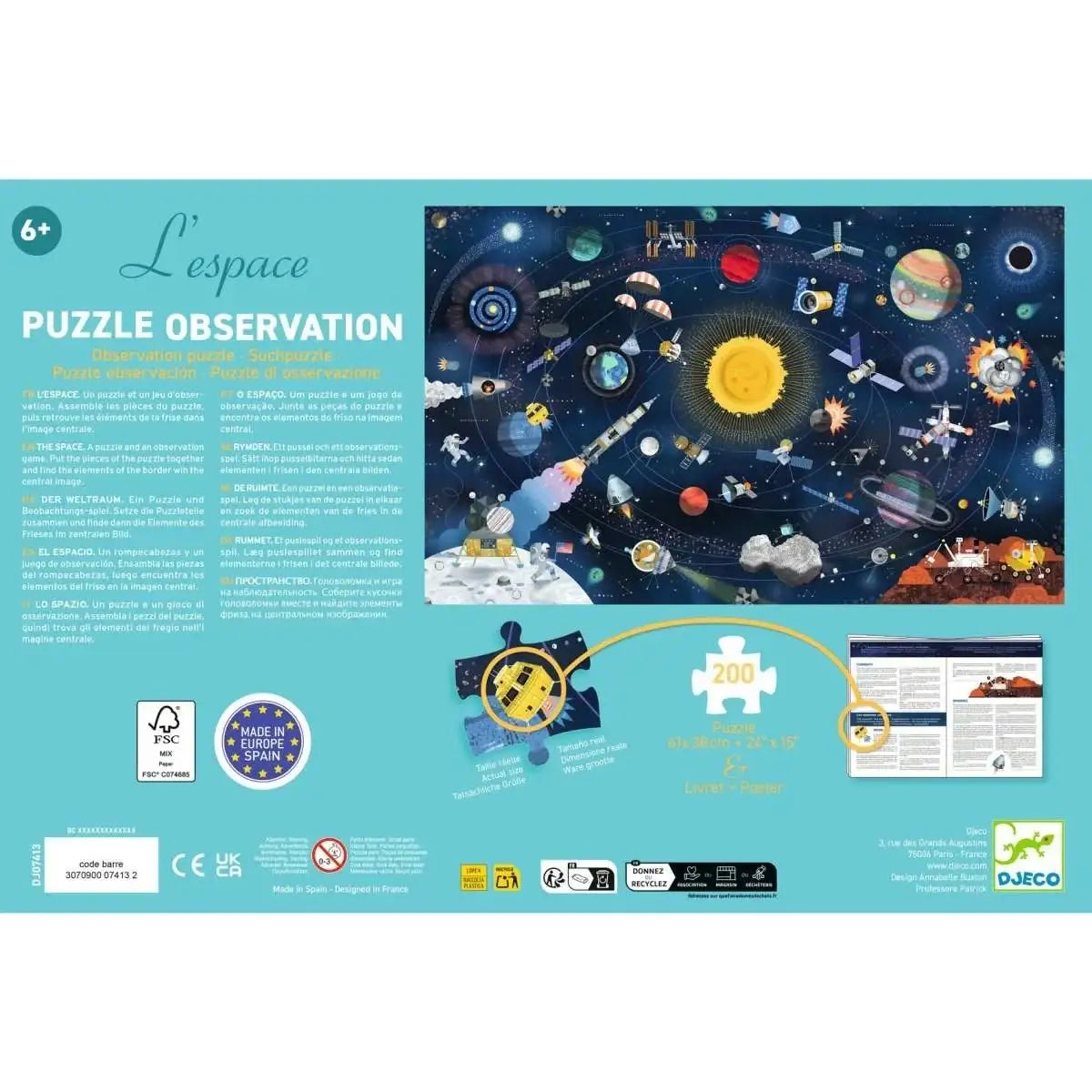 200-teiliges Weltraum-Puzzle mit Beobachtungsspiel, Planeten, Raketen und Sonne für Kinder ab 6 Jahren
