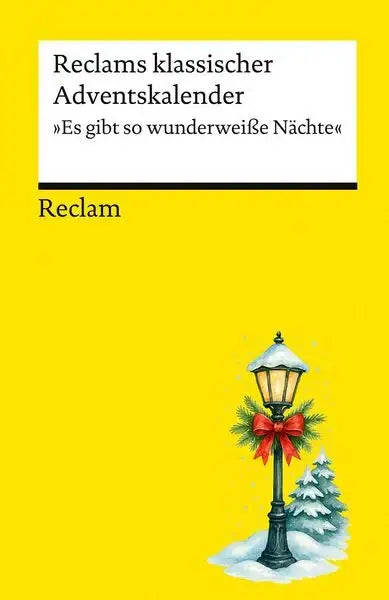 Gelber Adventskalender von Reclam mit der Aufschrift Reclams klassischer Adventskalender.