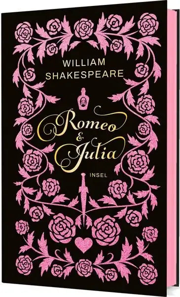 Buchcover von Romeo und Julia von William Shakespeare mit rosa Blumenmuster auf schwarzem Grund