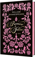 Buchcover von Romeo und Julia von William Shakespeare mit rosa Blumenmuster auf schwarzem Grund