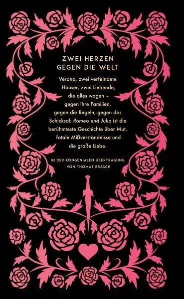 Buchcover mit rosa Blumenranken, einem Dolch und einem Herz auf schwarzem Hintergrund.